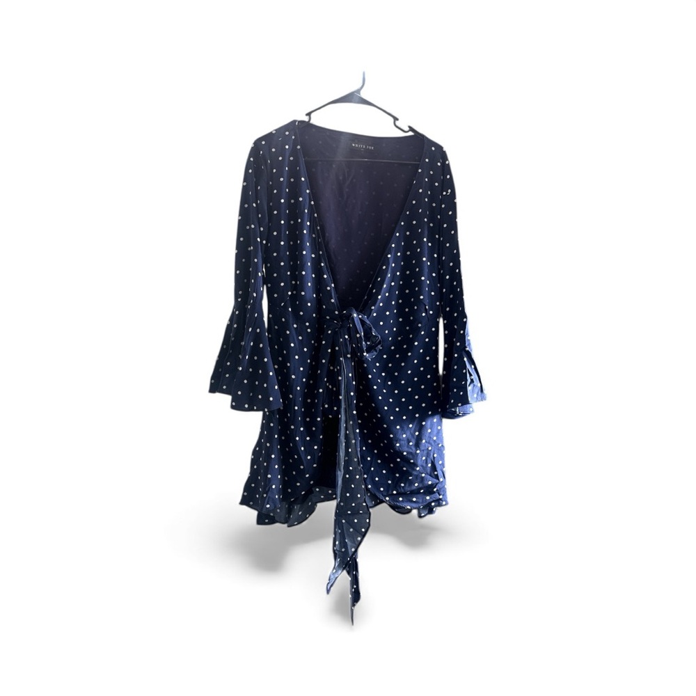 WHITE FOX Polka Dot Wrap Dress XS Navy Tie Front Flared Sleeves Mini Dress Rayon